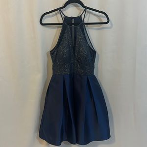 Teeze Me Navy Glitter Satin Flare Dress Size 7